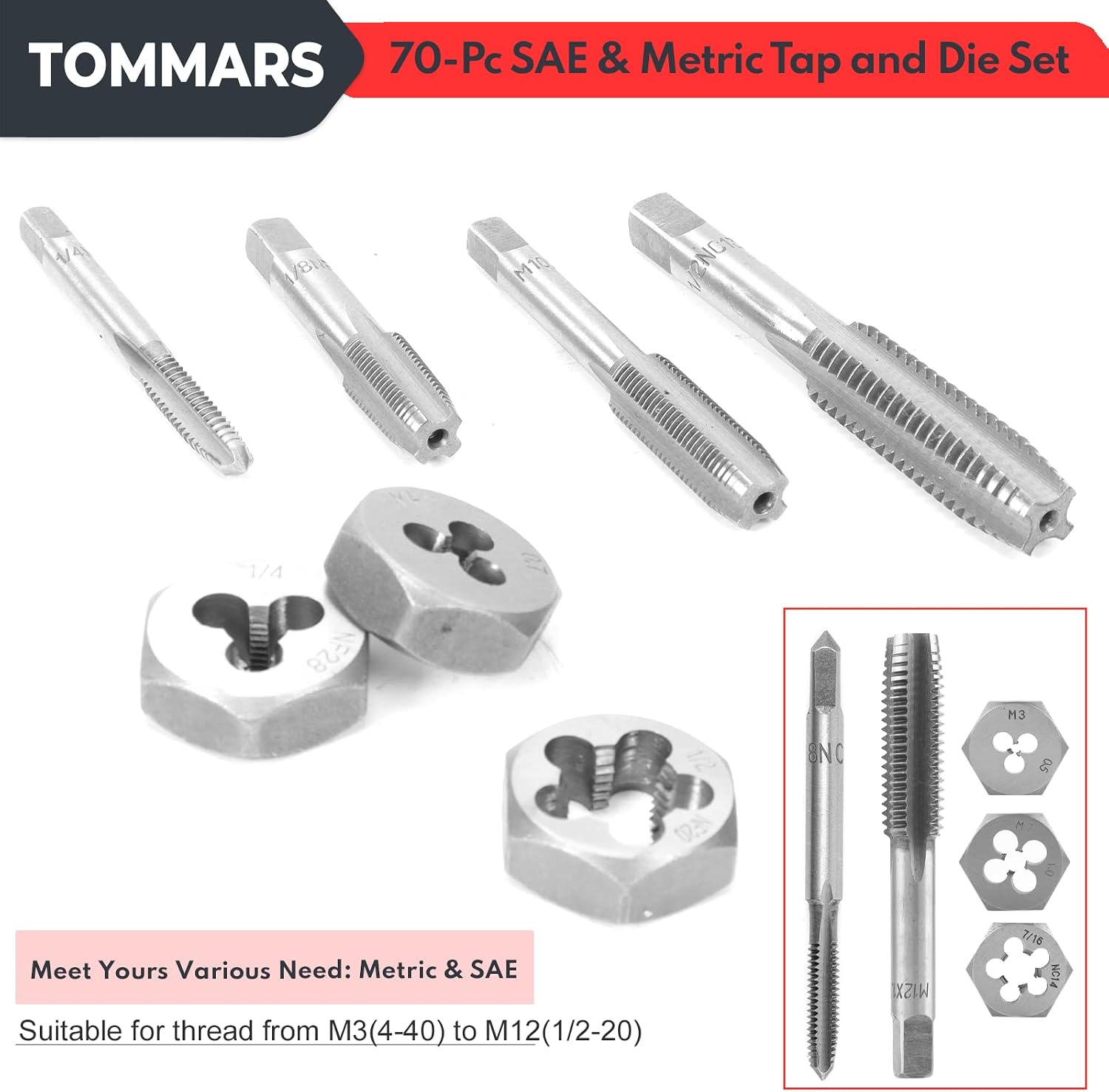 TOMMARS 70-Pc Tap and Die Set, SAE & Metric Hex Thread Taps Dies Wrench Metric Sizes M3 to M12 & Standard Sizes #4 to 1/2" Type NC NF NPT