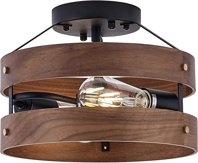 BISAMIYA Wood Flush Ceiling Light, 2- Light Metal and Dark Wood Drum, Rustic Ceiling Light Fixture Chandelier for Hallway, Kitchen, Bathroom, Bedroom