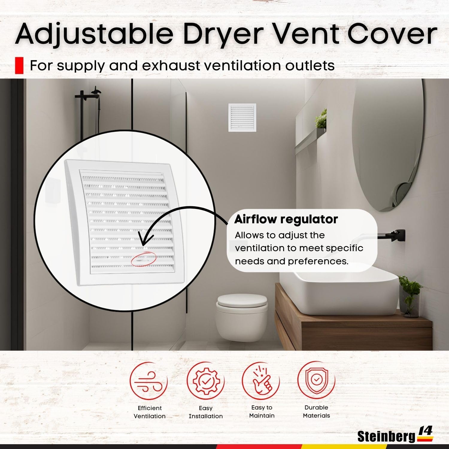 Steinberg14 Adjustable Dryer Vent Cover 6 inch - White Ventilation Covers with Built-in Screen - Plastic Vents for Indoor and Outdoor Use - Supply and Exhaust Grille for Wall and Ceiling