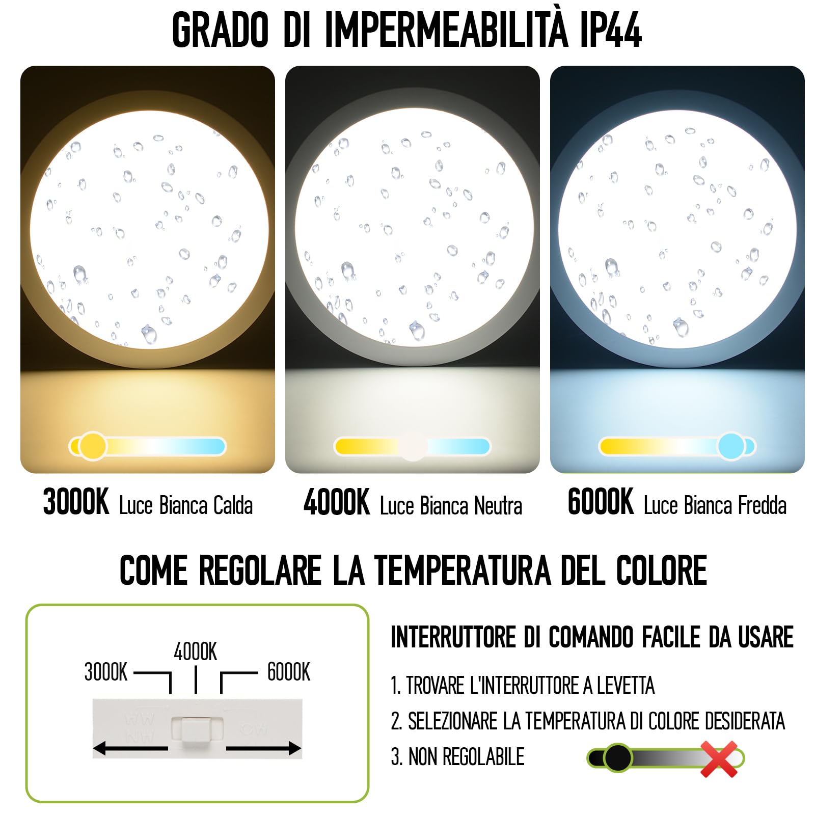 Plafoniera LED Soffitto 36W 2900LM 3CCT 3000K/4000K/6000K Impermeabile Lampada da Soffitto IP44 Plafoniera Bagno Non Dimmerabile Alluminio Φ400mm x 30mm