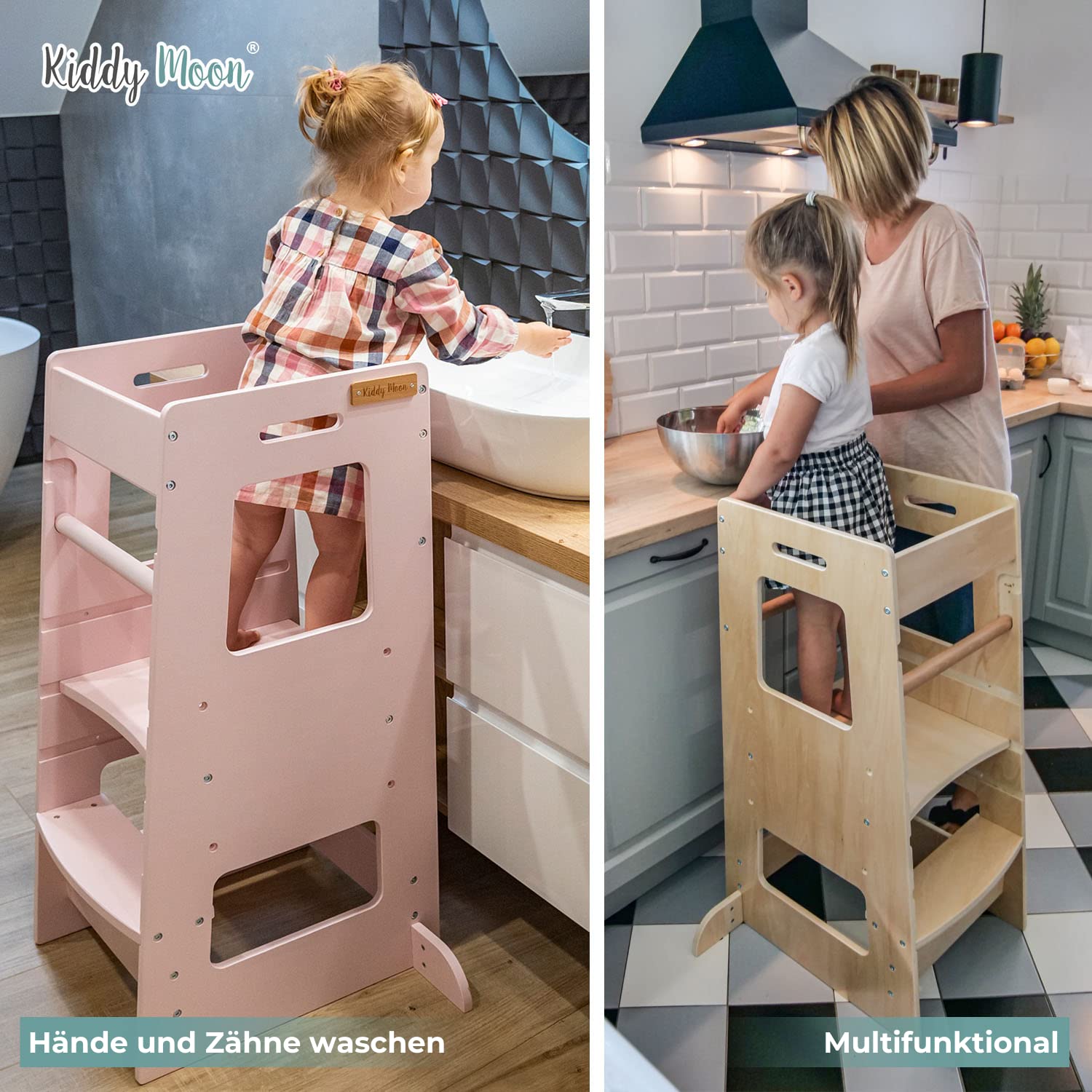 KiddyMoon Lernturm Für Kinder Ab 1 Jahr, Anti-Kipp-Schutz, 3-Fach Höhenverstellbar, Schutzbügel, Montessori Küchenhelfer, Weiß