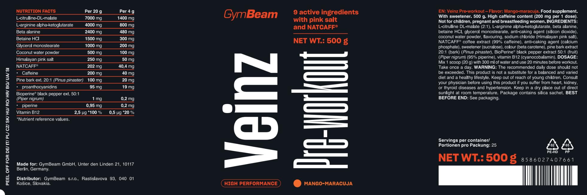 GymBeam Veinz Pre-Workout - Con Citrullina, Arginina, Caffeina NATCAFF®, Beta-Alanina e Vitamine, Gusto Fruttato, Vegano per Pump e Energia (500 g, Mango - Maracuja)