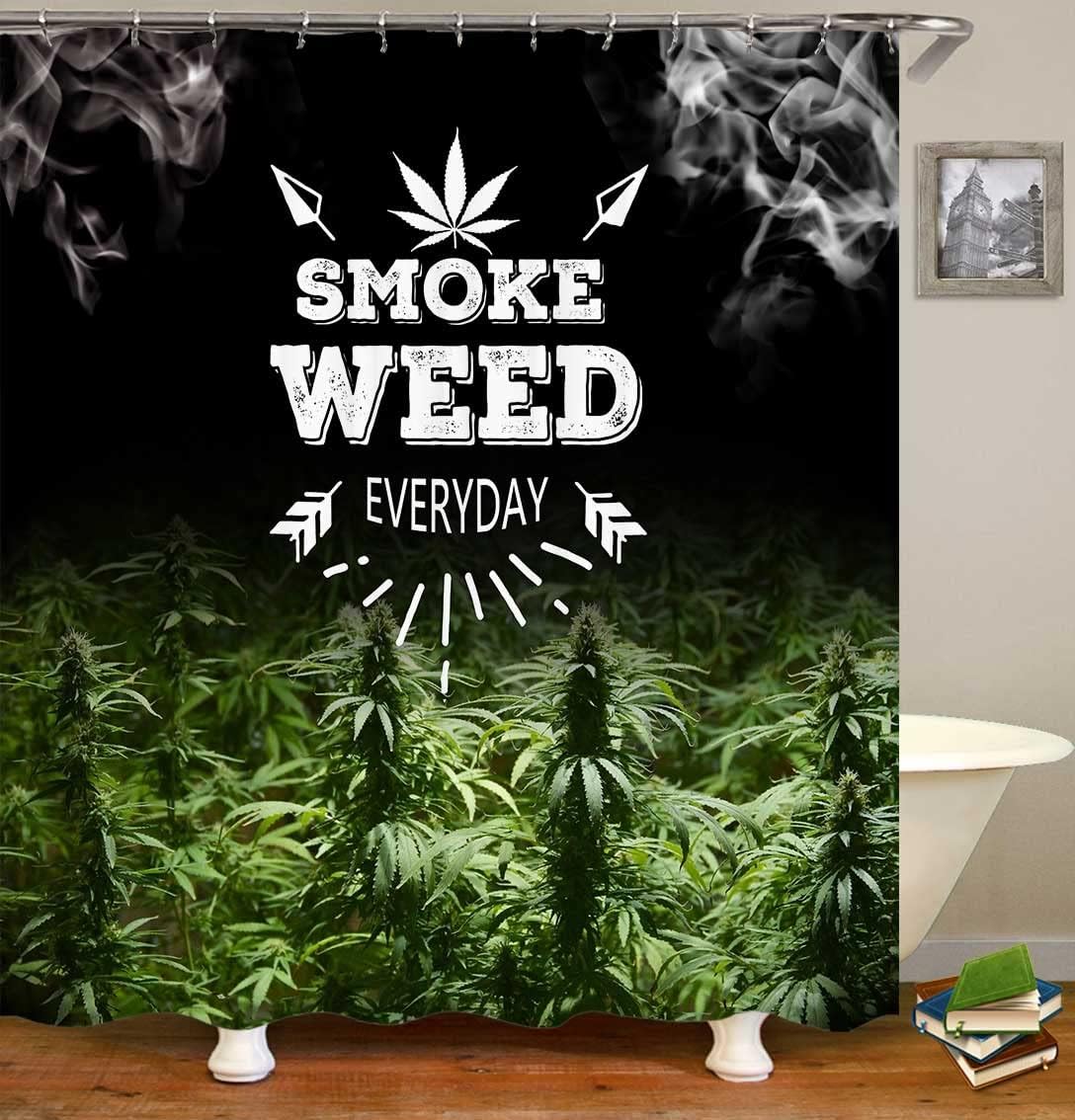 Jayden Madge 4PCS Trippy Marijuana Shower Curtain Set, White Funny Quote Hippie Weed Smoking Green Cannabis Leaf Bathroom Decor, Black Shower Curtain, Non-slip Bath Mat Toilet Rug, Smoke Weed Everyday