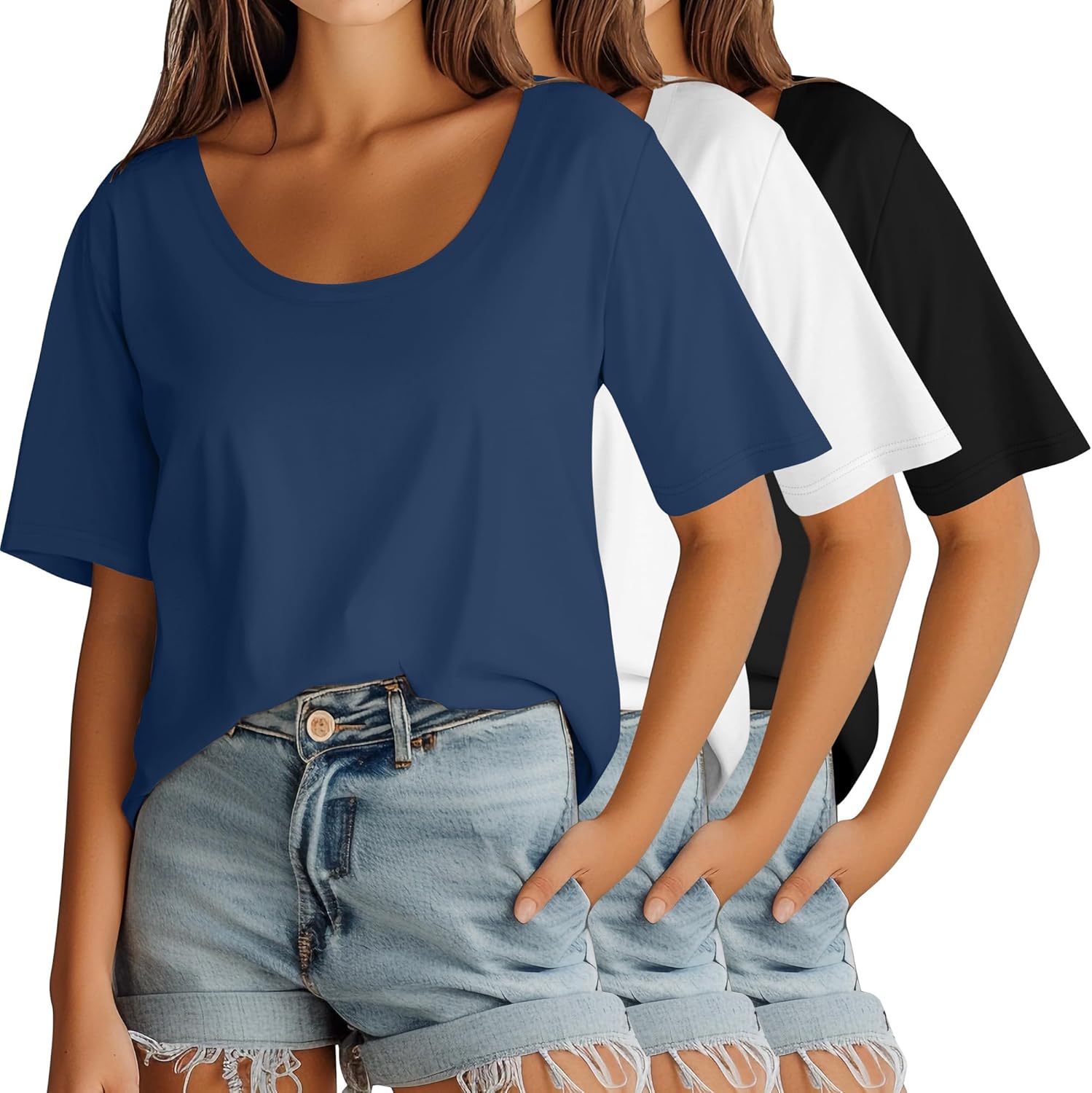 Ficerd 3 Pack Scoop Neck Elbow Length Half Sleeve Tops for Women, 1/2 Sleeve Cotton T-Shirt Casual Summer Loose Basic Tees