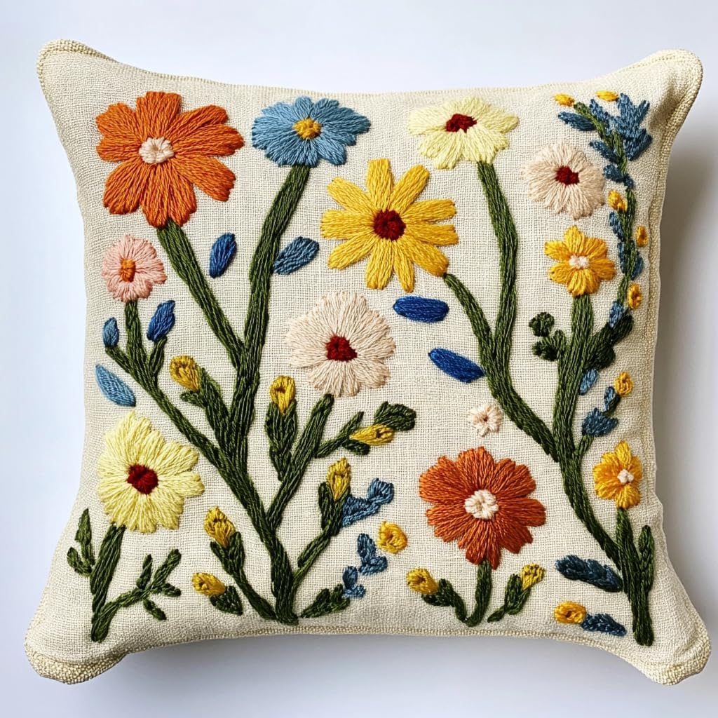 DIY Punch Needle Pillow Kit Wild Flowers with Pattern and Hoop Handmade Embroidery Punch Needle Starter Pillowcase Set for Home Sofa Decor 43x43cm-1-2
