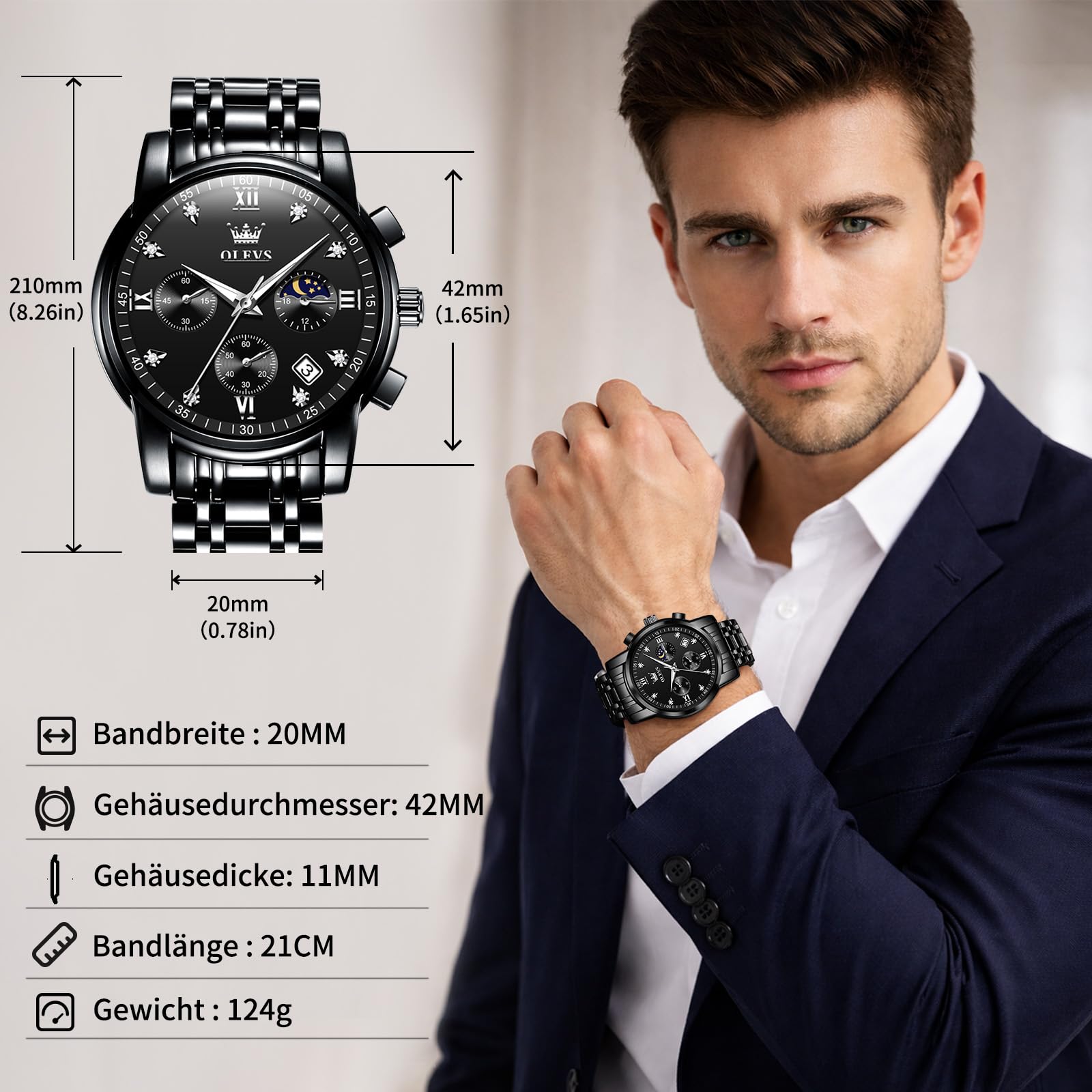 OLEVS Armbanduhr Herren Quarz Luxus Edelstahl Business Herrenuhr Chronograph 3Bar Wasserdicht Uhren Herren 42mm Zifferblatt mit Mondphase Datum Leuchtzeiger klassisch schlicht Geschenk für Männer