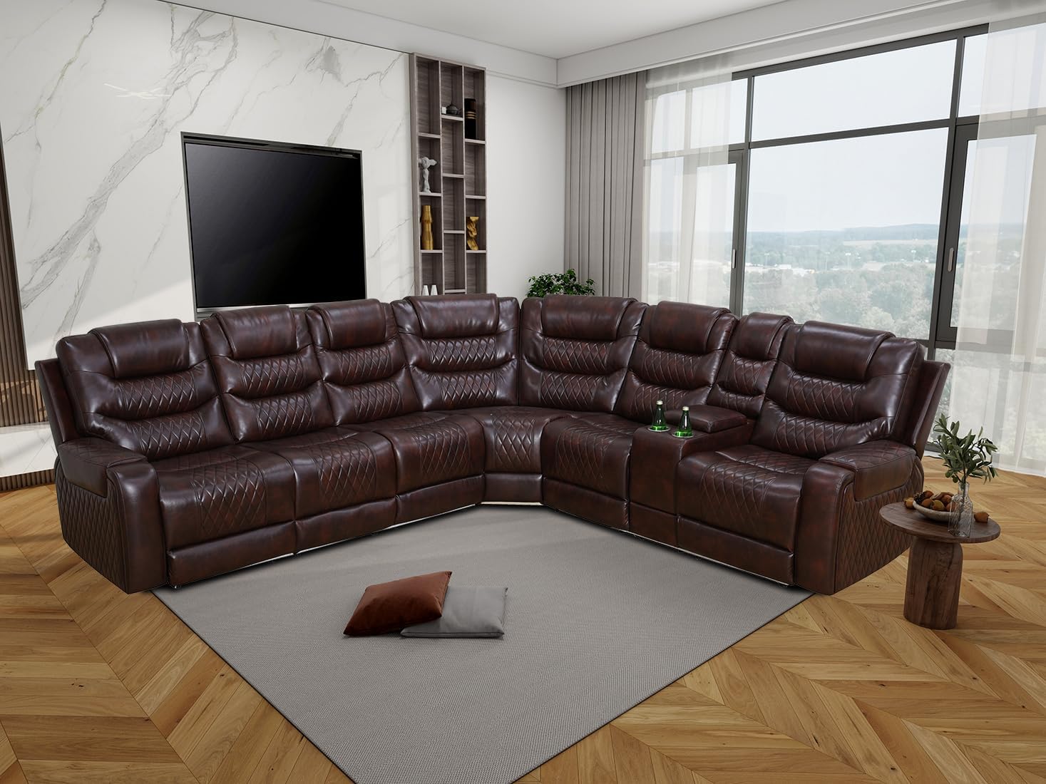 Living Room Furniture Set Breathing Leather Diamond-Shaped Pattern Power Reclining Sectional Sofa Set with Cup Holders/Storage Console/LED Light/UPS Port for Living Room, Office (Brown)