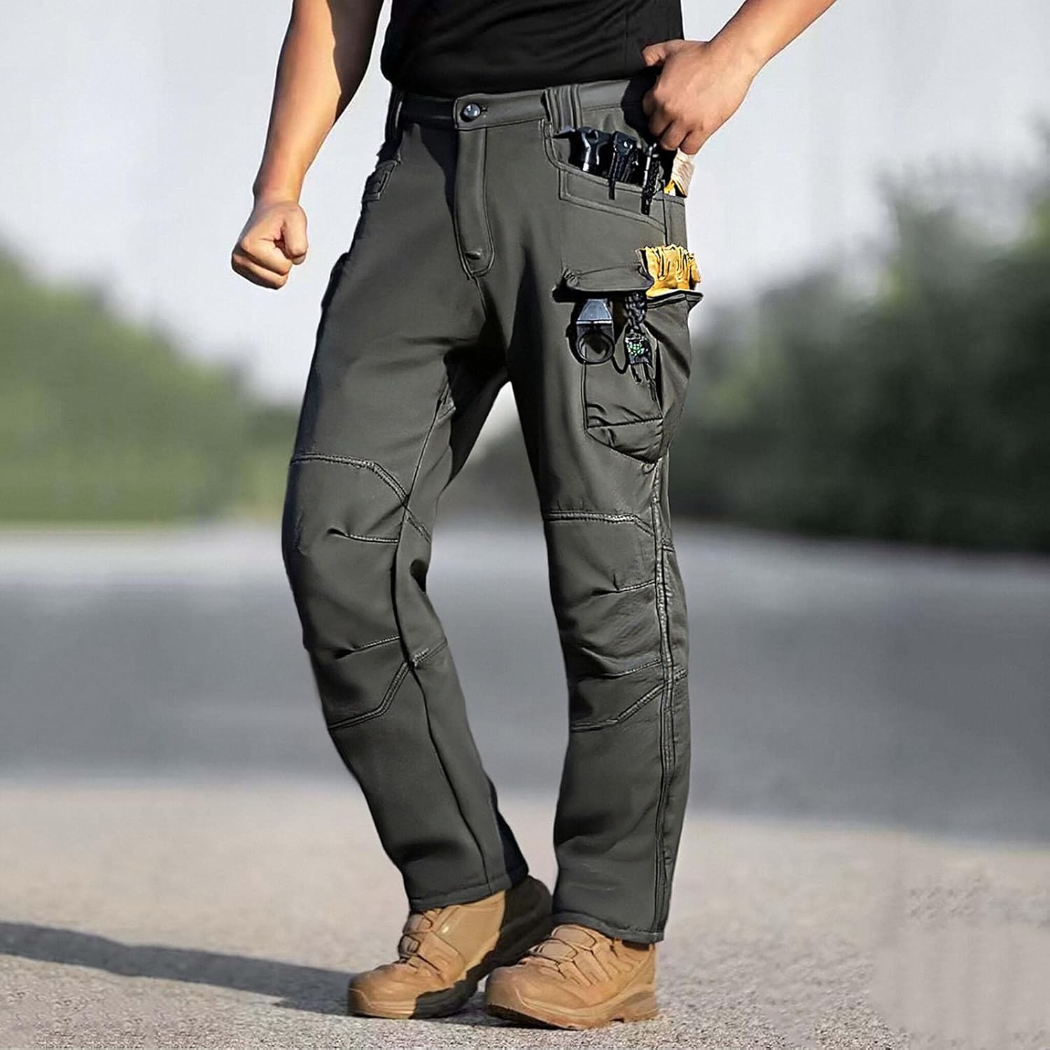 Mens Tactical Cargo Pants Waterproof Flexcamo Hiking Pants Outdoor Ripstop Hunting Fleece Lined Pants Multi Pockets