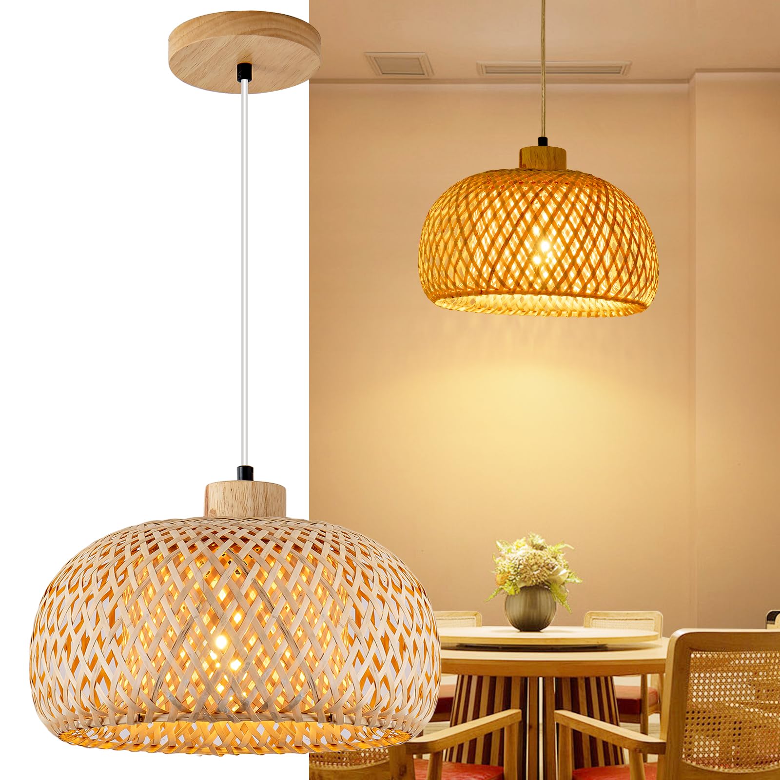 Mikeru 38cm Vintage Hand-Woven Pendant Light, Farmhouse Bohemian Pendant Light, Natural Bamboo Chandelier, Height Adjustable 1.5m, E27 Ceiling Fixture for Dining Room, Tea Room, Villa — image 1