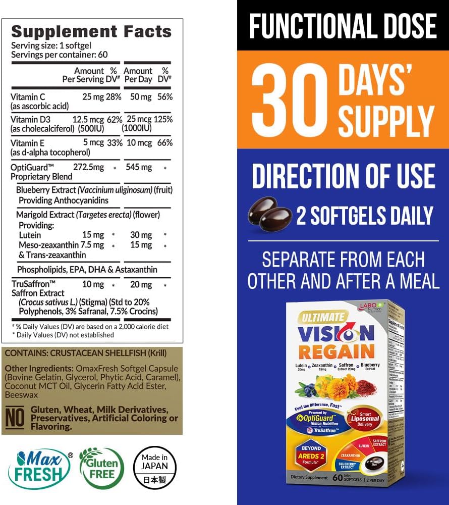 LABO Nutrition Ultimate VisionREGAIN, Eye Vitamin Beyond AREDS 2 Formula with Lutein, Zeaxanthin, Saffron Extract, Blueberry for Macular and Retinal Health, Eye Fatigue, Night Vision Support 60 Counts
