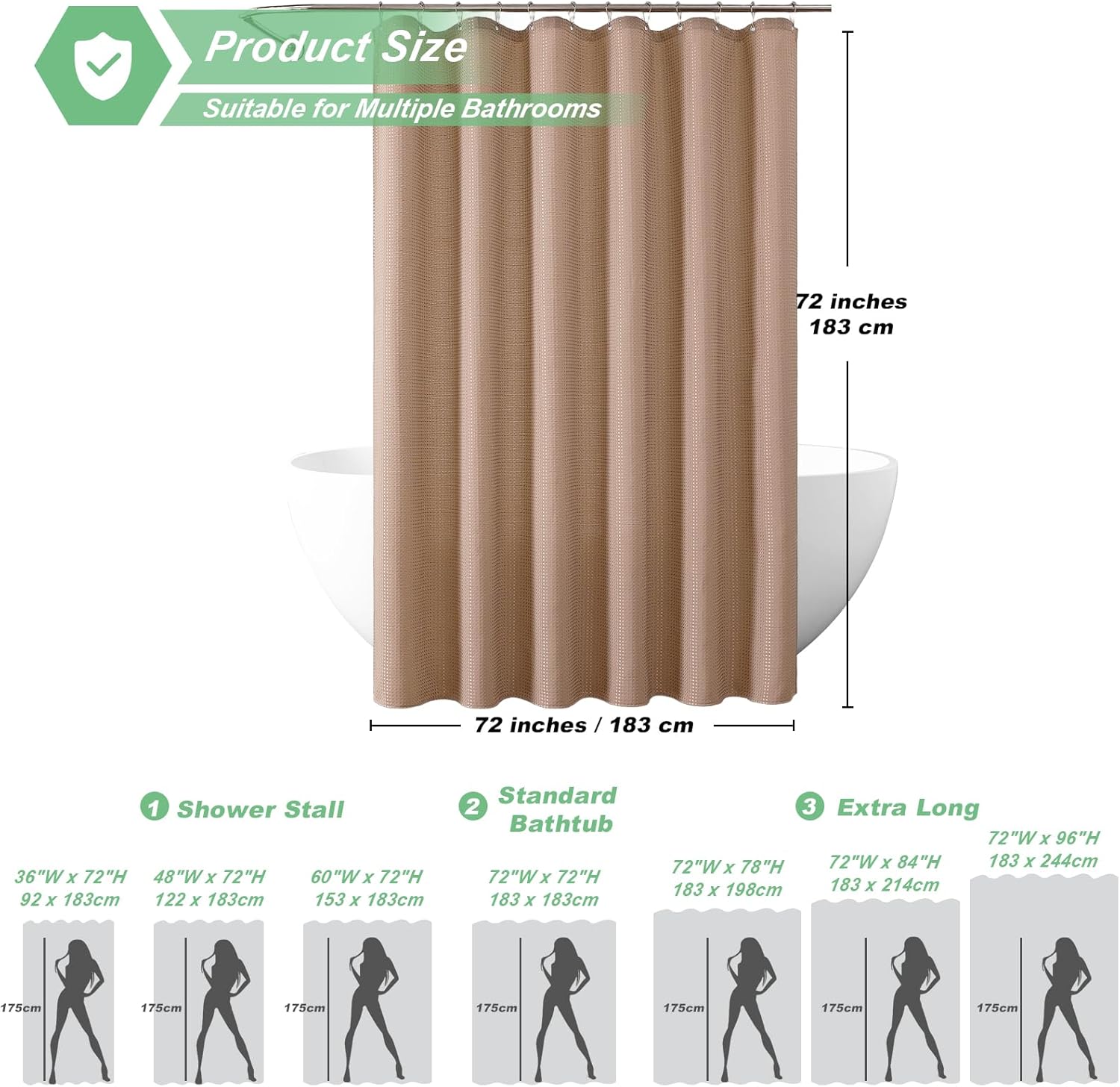 meioro Beige Shower Curtain, Waffle Weave 256GSM Heavy Duty Textured Fabric Shower Curtains for Bathroom Hotel Spa, Luxury Weighted Polyester Cloth Bath Curtain Set with 12 Hooks, 72Wx72H