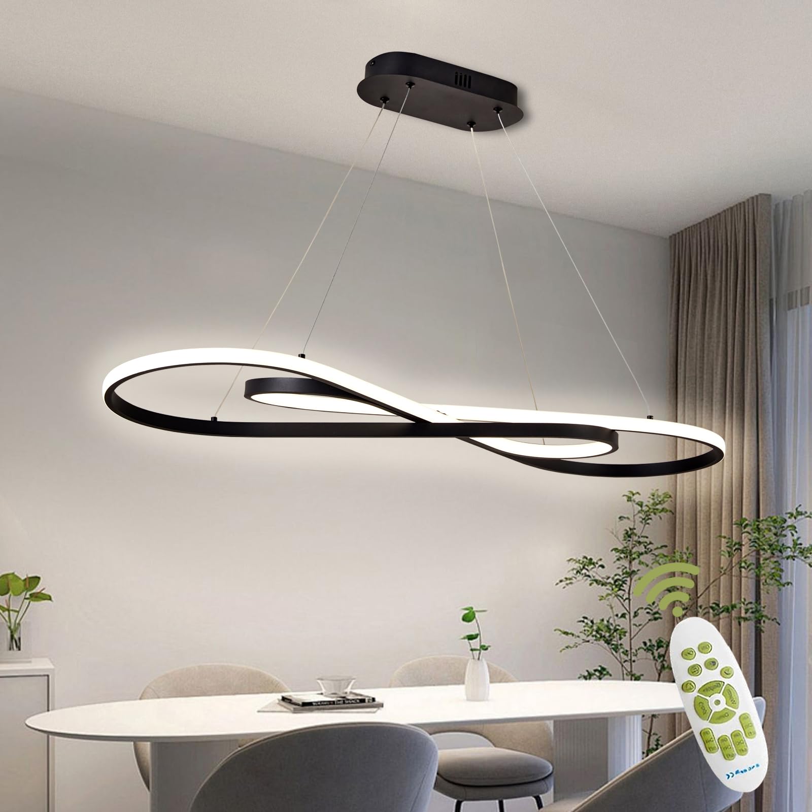 AHRHSM Lampadario Led Sospensione, Lampadario Moderno, 57W, Lampadario Sala da Pranzo, Dimmerabili, Regolabile in Altezza, per Sala Da Pranzo,Cucina (Nero)