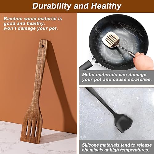 Vista 20 de Cucharas de madera para cocinar 7 piezas, juego de utensilios de cocina de bambú antiadherentes, cuchara de espátula de madera de bambú saludable