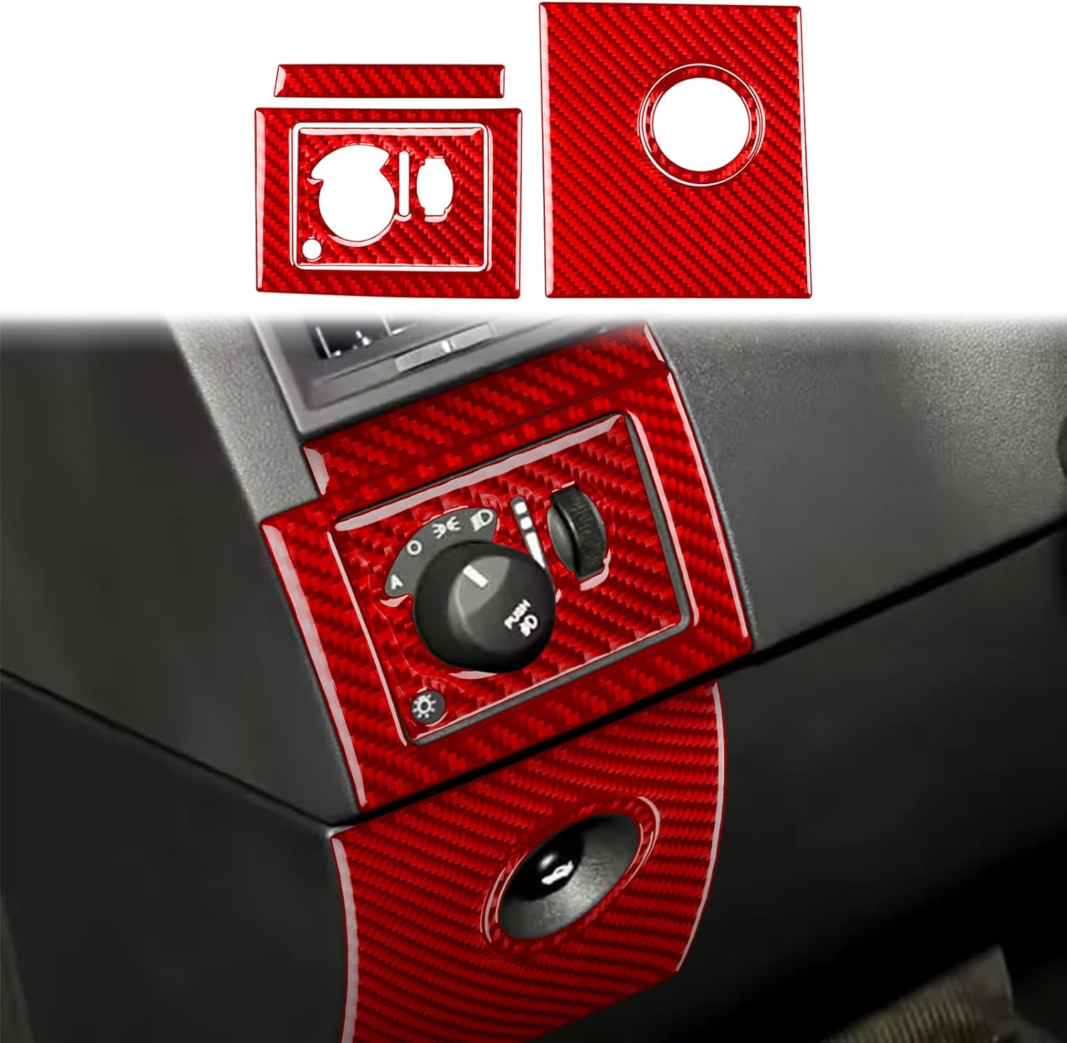 Car Headlight Switch+Rear Trunk Door Switch Panel Sticker Set Real Red Carbon Fiber Auto Interior Accessories Compatible with Dodge Charger SE/SXT/R/T&Daytona R/T&SRT-8 2008 2009 2010-Type B