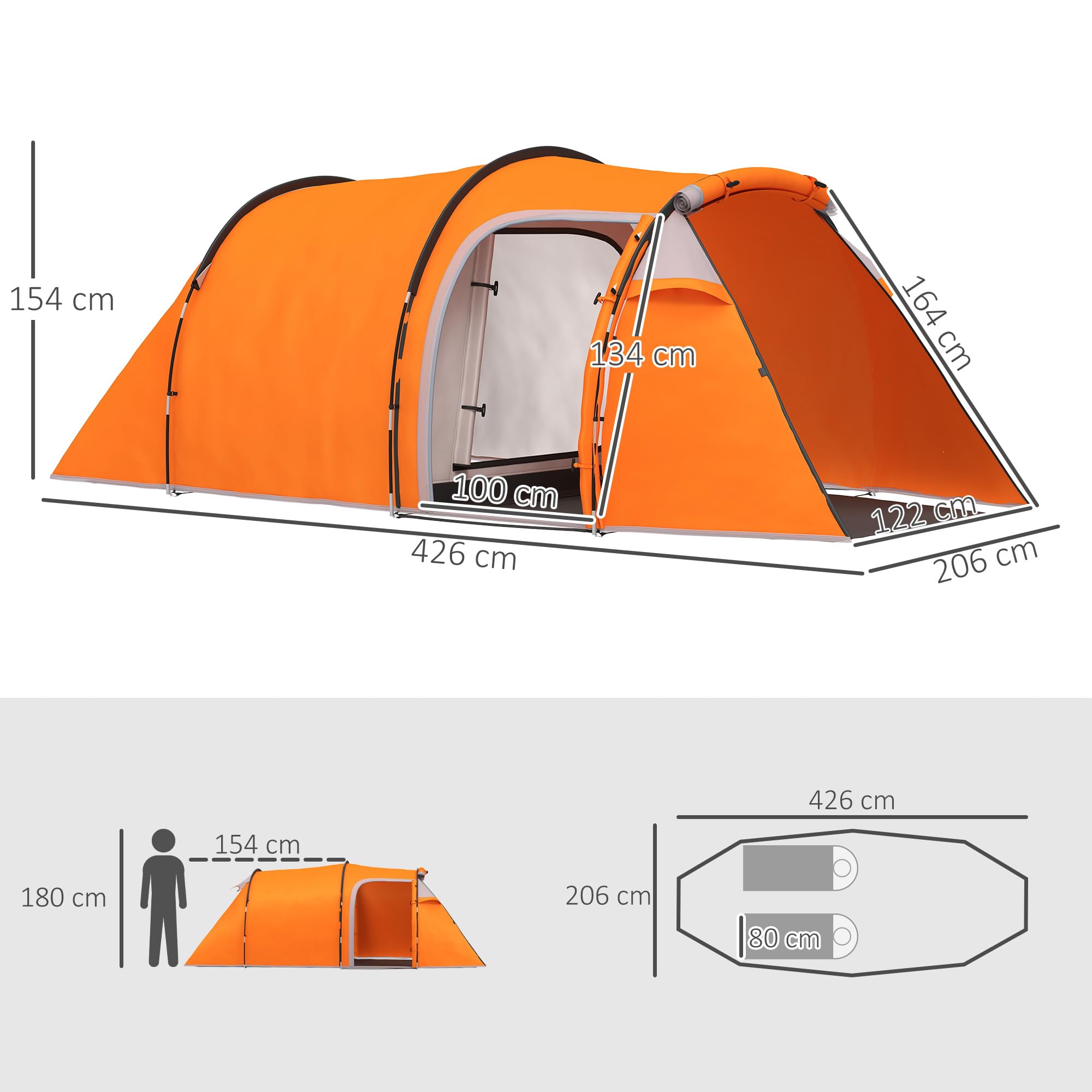 Outsunny Tunnelzelt für 2-3 Personen, Campingzelt mit Vorraum Lampenhaken 2000mm Wassersäule, Wasserdicht Familienzelt, Gruppenzelt für Camping Reise Trekking Garten