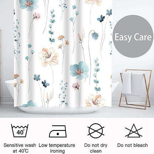 Miniatura 7 de Decoreagy Juego de cortinas de ducha con diseño floral de acuarela, cortinas de baño de flores verde azulado y naranja, cortina de baño moderna