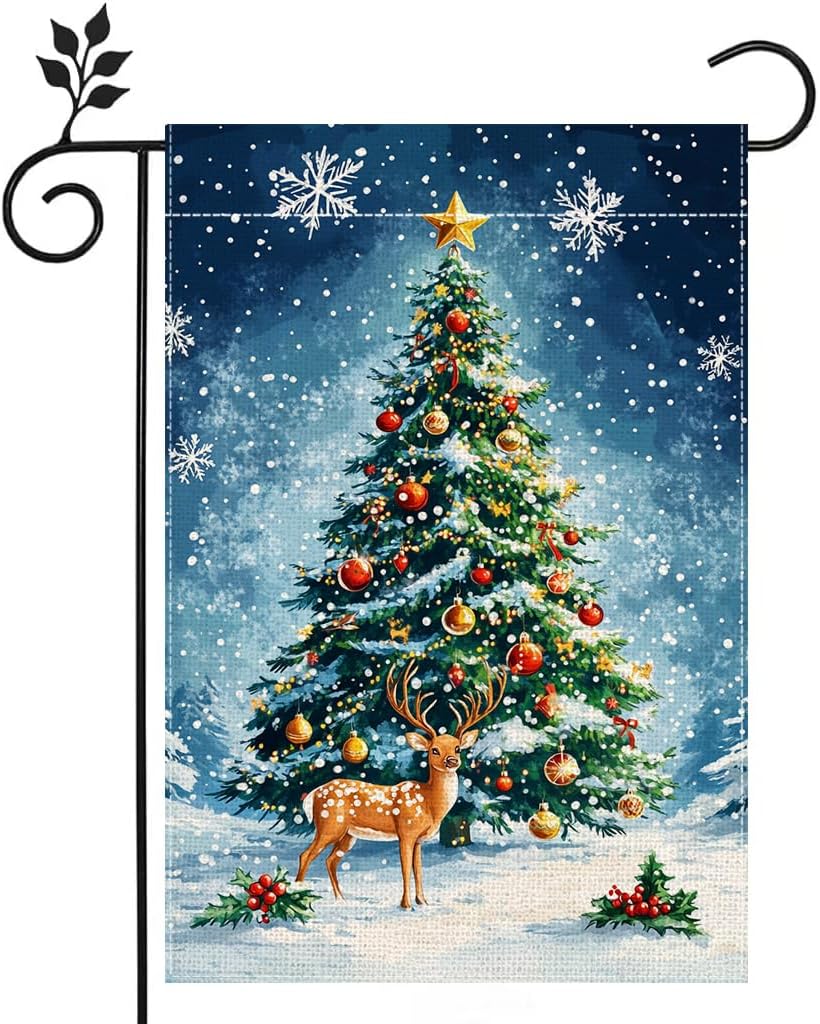 Winter Reindeer Snowflake Garden Flag for Outside Christmas Tree Welcome Yard Flag 12x18 Inch Double Sided Burlap Holiday Farmhouse Home Decoration Outdoor Flag