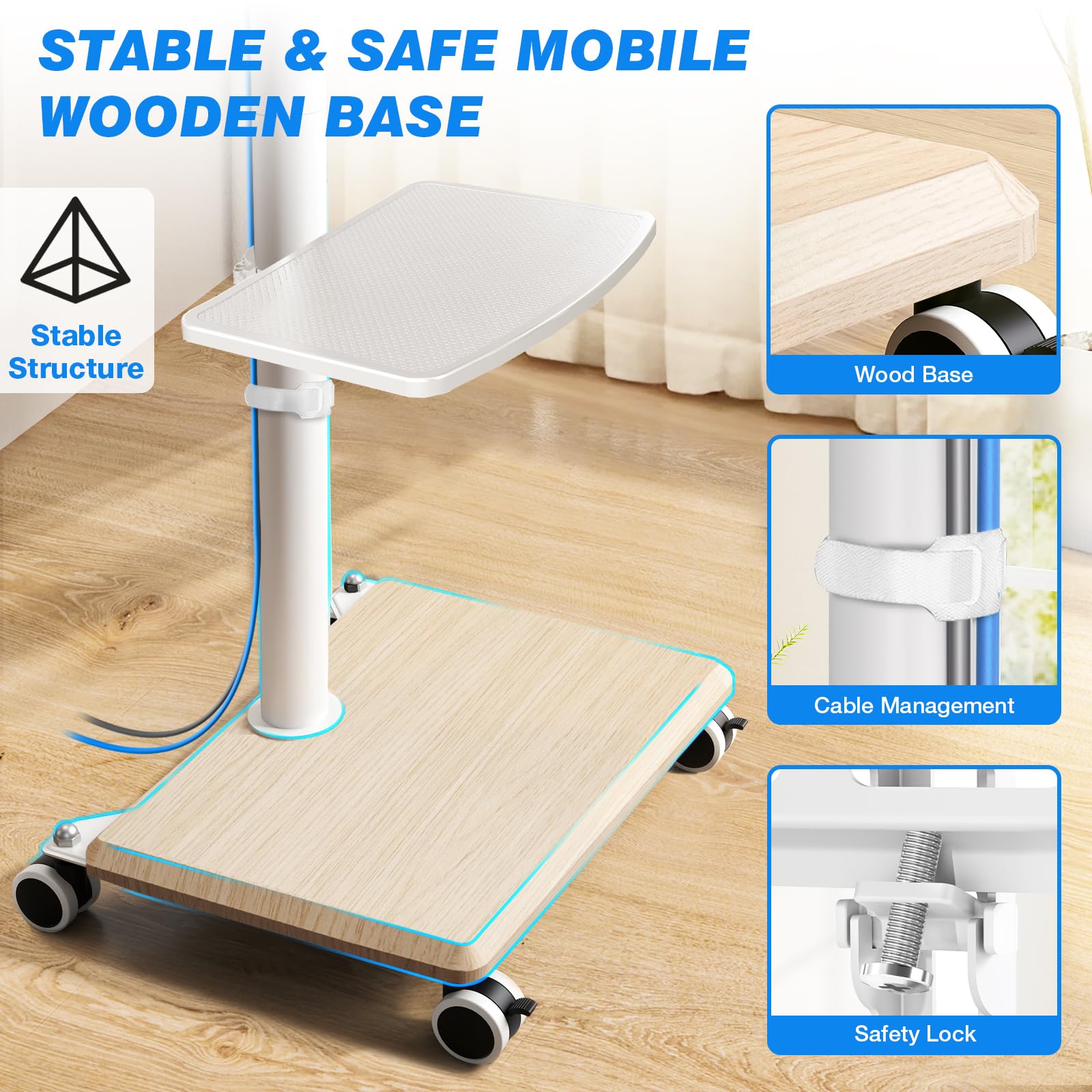5Rcom Support TV roulettes Blanc Pied TV pour Télé de 27-55 Pouces, Réglable en Hauteur et Pivotant Support TV sur Pied avec roulettes Meuble Support TVs avec Base en Bois VESA Max 400x400mm Max 30kg