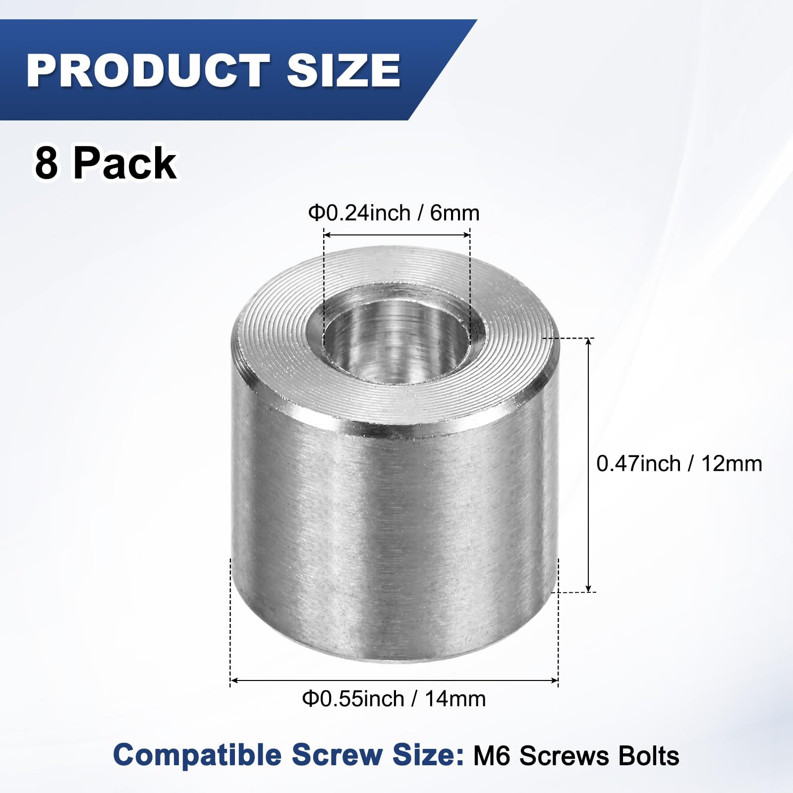 M METERXITY 8PCS M6 304 Stainless Steel Spacers 6mm ID x 14mm OD x 12mm l Metal Screw Standoff Bushing Plain Finish Round Spacer 304 Stainless Steel for Screws Bolts Silver - Image 3