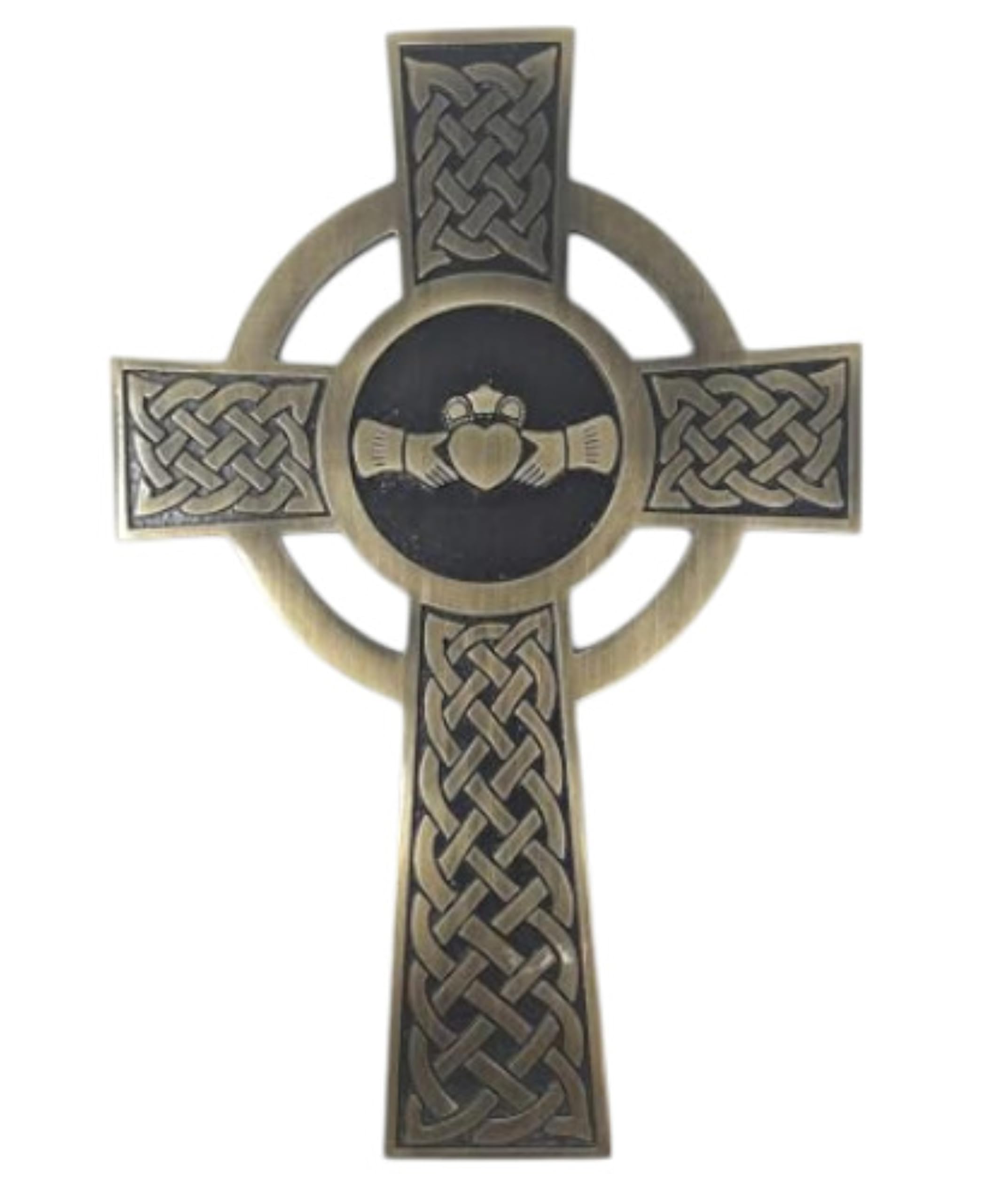 Exclusively Irish Antique Brass Claddagh Cross Wall Hanging Decor Irish Celtic Cross Gift For Home, Wedding (5 X 7.7 X 0.3 In) (Antique Brass)