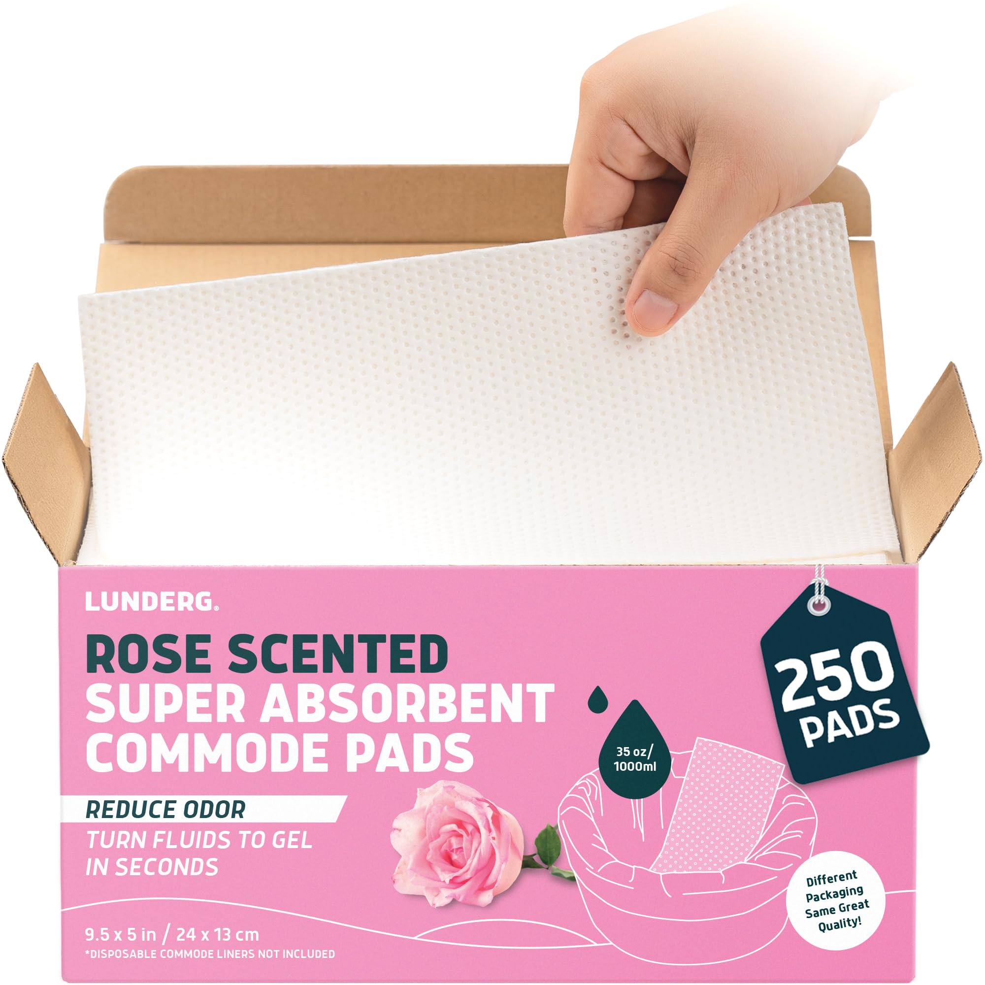 lunderg rose scented super absorbent commode pads - medical grade value pack 250 count - for disposable bedside commode liners, adult chairs, portable buckets & camping toilet bags - light scent