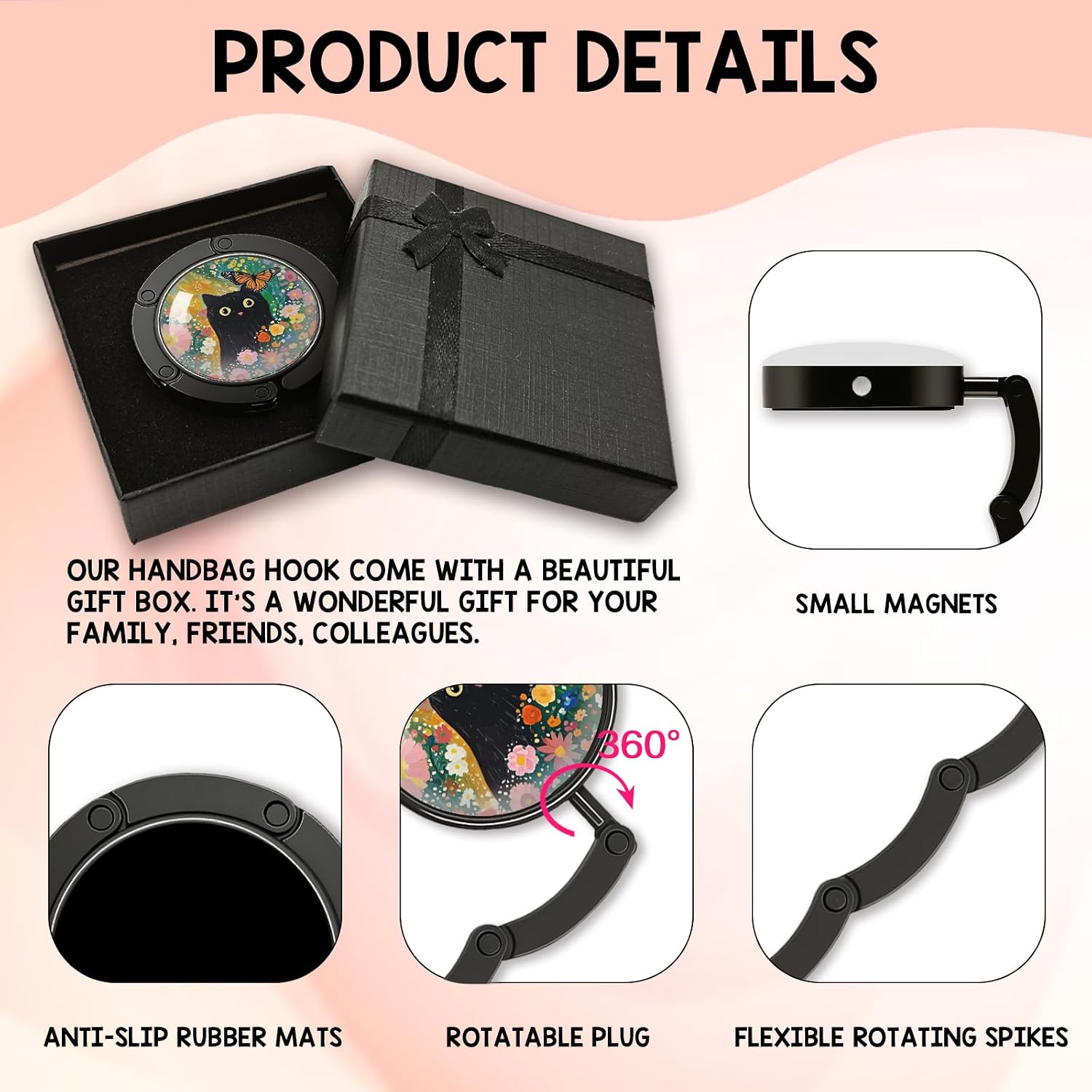 YAZMEEN Spring Black Cat Foldable Purse Hook for Table, Watercolor Black Cat Flowers, Women's Handbag Hanger Holder, Portable Purse Table Hanger, Funny Desk Hook Gifts for Mom Wife Sister Friend BFF