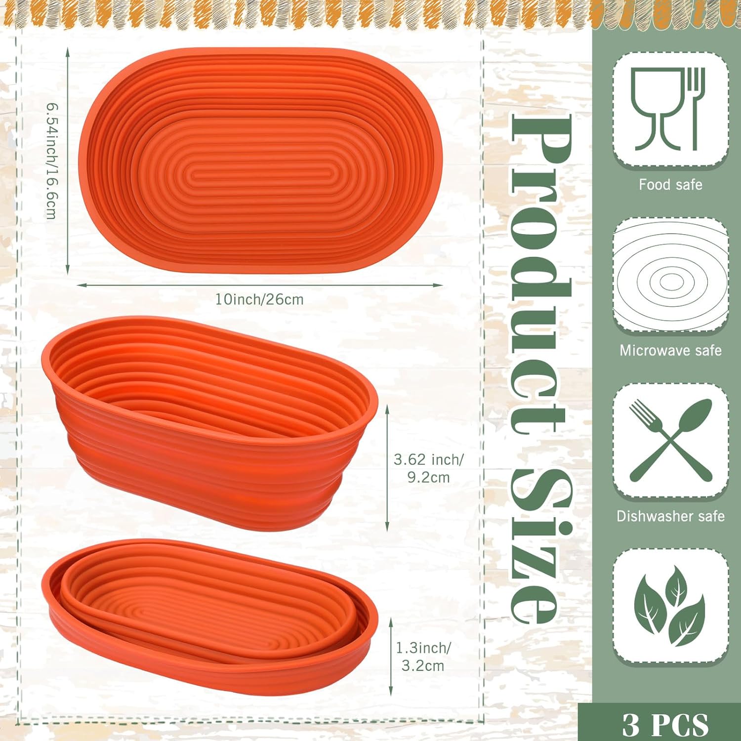 Nuogo 楕円形バネトン ブレッドプルーフバスケット 3個 10.24 x 6.54 x 3.62インチ 厚みのあるシリコンバネト