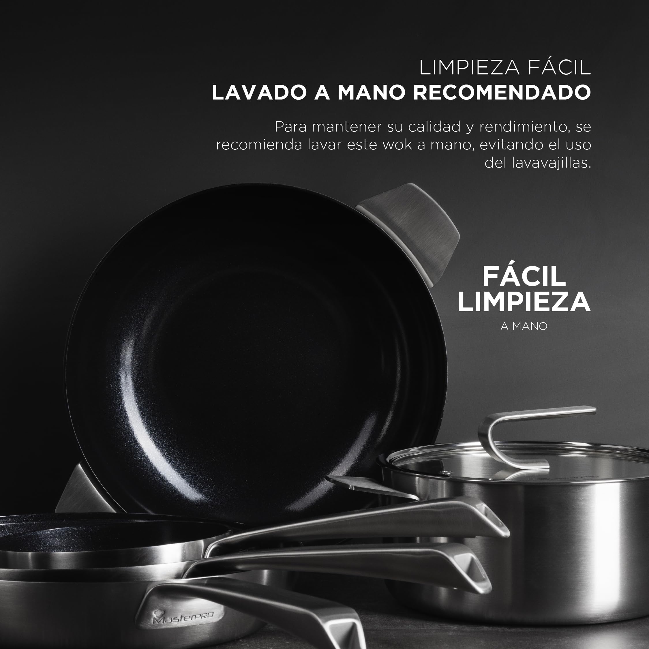 MasterPro SIGMA - Wok Sin Tapa 28 cm 9.23L Acero Inoxidable - Revestimiento Cerámico Swiss Crystals - Mango Largo - Apta para Todas Cocinas - Lavado a Mano Recomendado