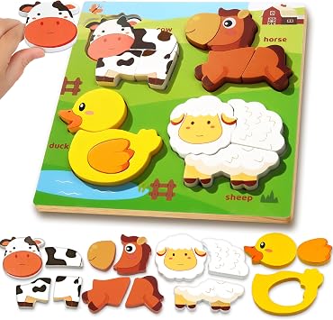 Farm Animal Wooden Puzzle for Toddlers 1-3, Sensory Montessori Toy Classroom Preschool Learning Activities Educational Toy Valentine Gift for Girl 3-5, Boy 2 3 4 5 Year Old Baby Easter Basket Stuffer