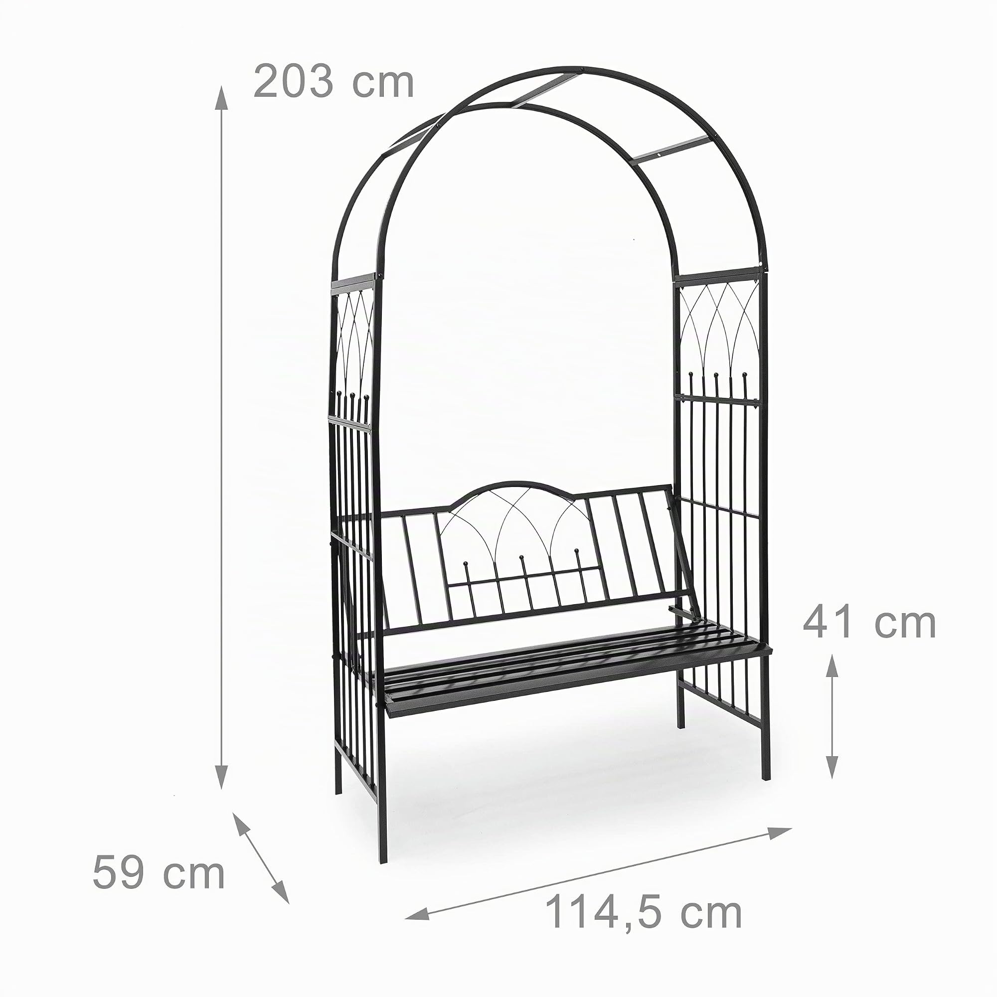 Relaxdays 10020032 Arche à rosiers avec banc colonne de jardin Arceau de plantes grimpantes obélisque pour roses avec assise pour 2 personnes-H x l x P: 203 x 114,5 x 59 cm- noir