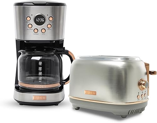 HADEN Heritage - Cafetera retro programable de 12 tazas con tostadora de ranura ancha de 2 rebanadas con bandeja extraíble para migas, acerocobre
