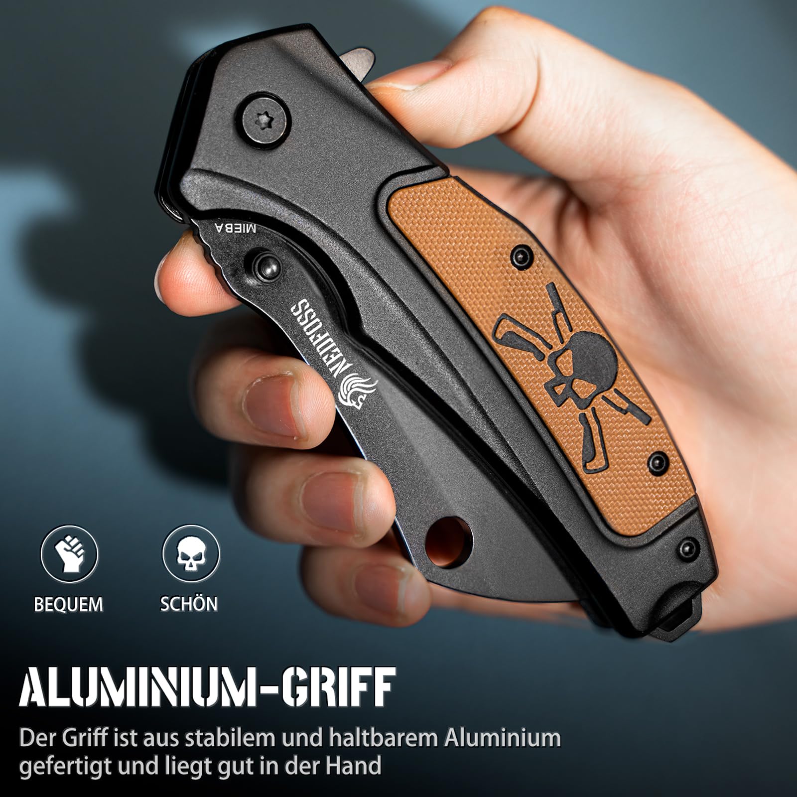 NedFoss MIEBA Klappmesser Outdoor, 8.5CM D2 Stahl Taschenmesser mit Cleaver-Klinge, Einhandmesser mit Scheide & totenkopf motiv, Outdoor Messer mit Clip, Survival Jagdmesser für Sammlung & Geschenke
