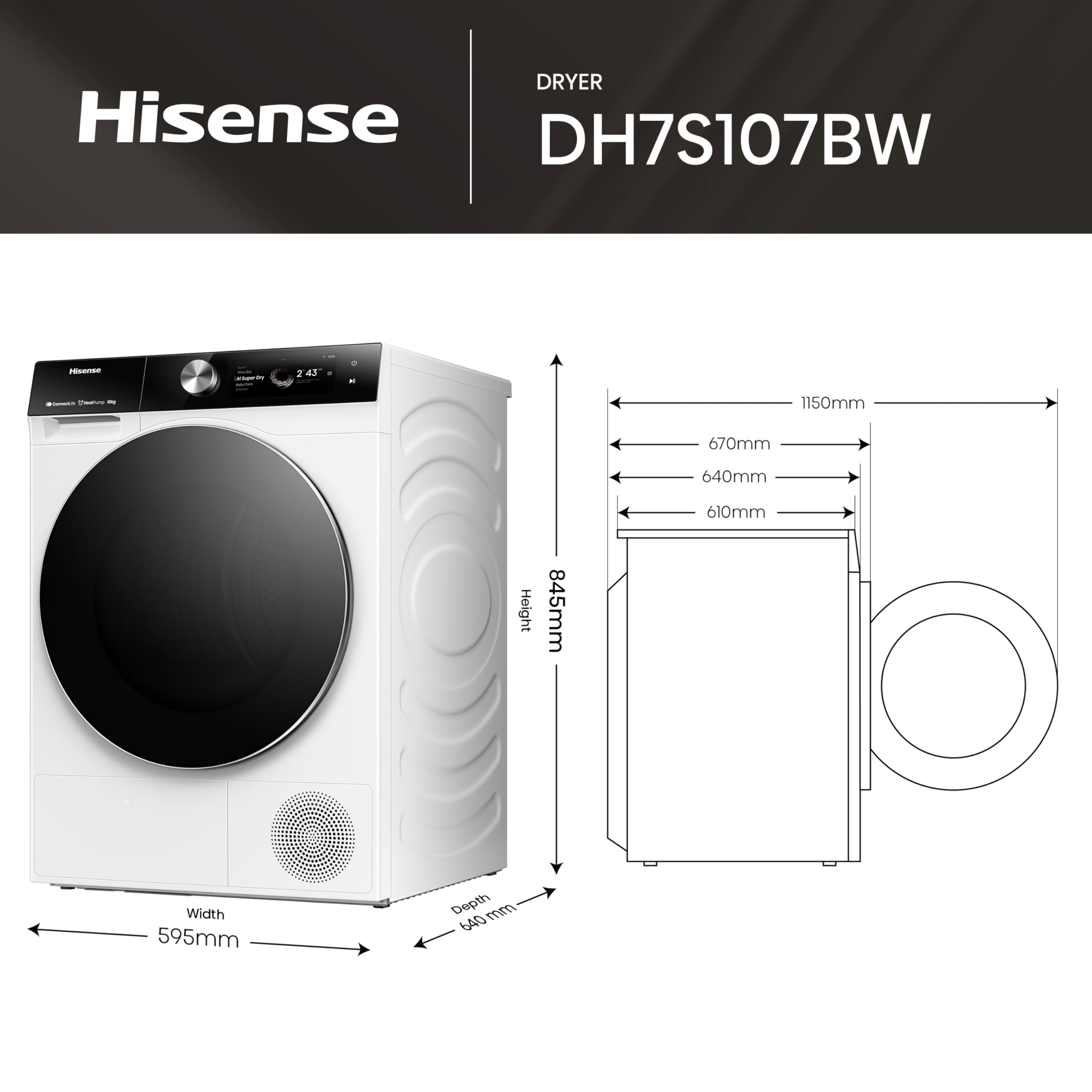 Hisense DH7S107BW - Secadora, Clase A+++, 10 kg, Pantalla Táctil, Conectividad WiFi, Monitor de Consumo, Función Ion Refresh, Auto-Dry IA, Secado Rápido, Blanco