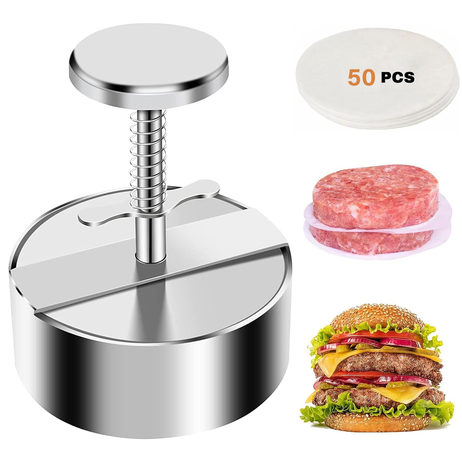VZOXL Adjustable Burger Press, 4.5 Inch Burger Patty Maker, 304 Stainless Steel Burger Maker Press with 50 Burger Paper, Patty Burger Maker for Burger, Beef Patties, Dinners, BBQ.