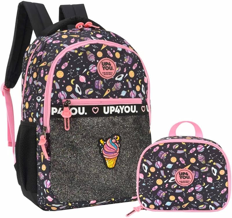 Kit Mochila Escolar Juvenil Infantil Menina Sorvete Brilho Glitter Lancheira Térmica Impermeável em oferta na Shopee