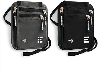Neck Wallet Pack of 2 Dark Grey & Midnight Black, RFID Blocking Passport Neck Wallets with Multiple Pockets, Slim Concealable Nylon Travel Pouches for Phone, Cash, Cards and Keys