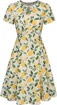 Belle Poque Women's 1940s Vintage A Line Swing Dress Keyhole Tie Dress Round Neck Work Dress Tea Dress