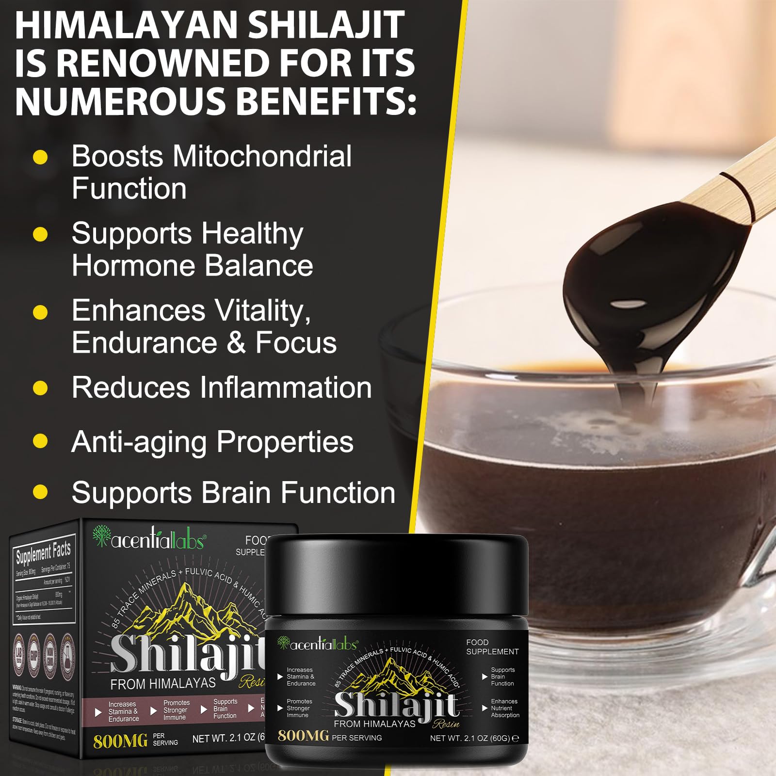 Shilajit Resin, 60g Shilajit Original Himalaya Bio Pures Himalaya Shilajit Harz mit Fulvinsäure und 85+ Spurenelemente, Vegan & Ohne Zusätze, 800mg (2er Pack)