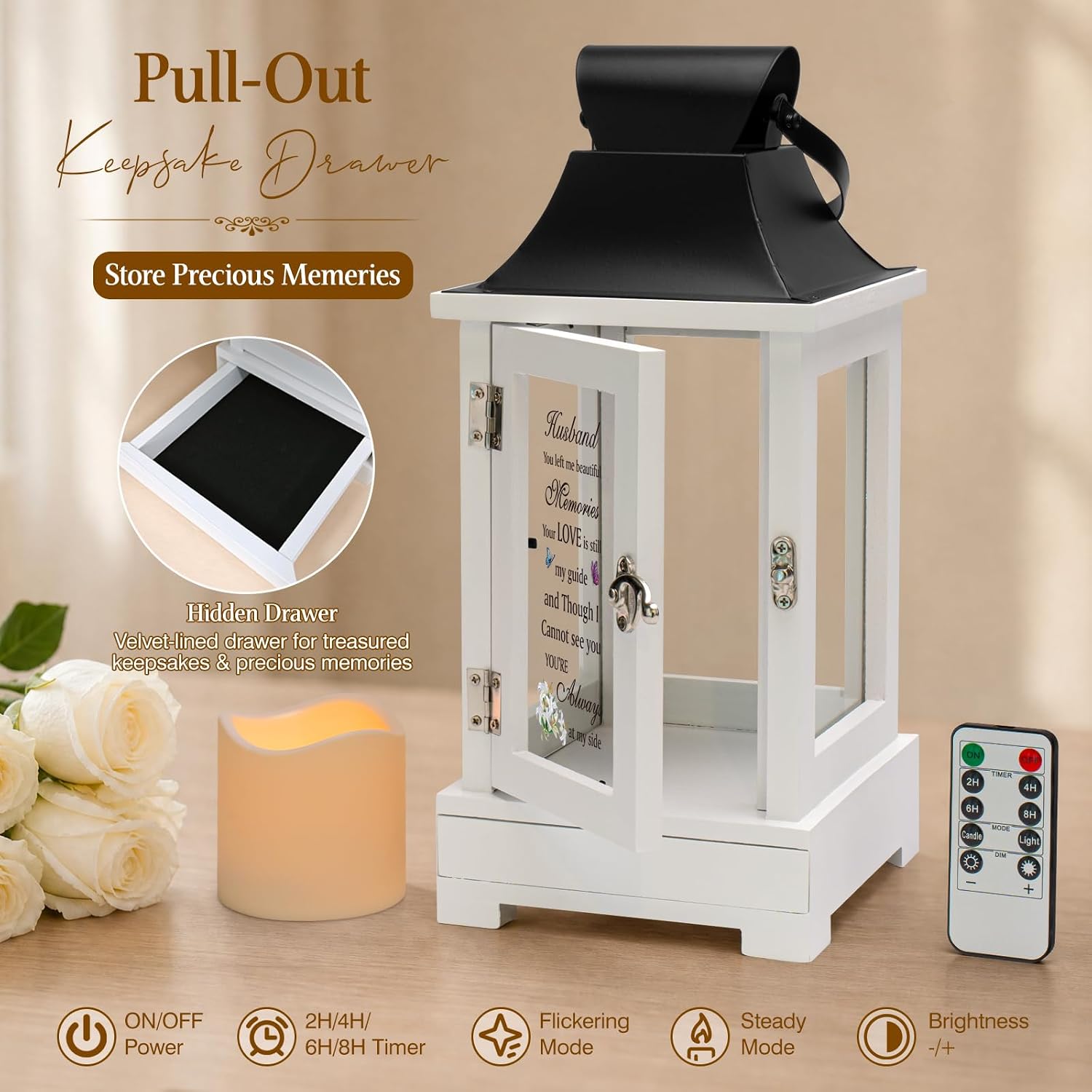 Memorial Lantern with Keepsake Drawer,Sympathy Gift for Loss of Loved One, Wooden Remembrance Lantern with Remote Flickering LED Candle & Condolence Card, Memorial Gifts for Loss of Husband,Black