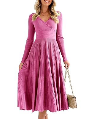 Saodimallsu Womens Long Sleeve Midi Sweater Dress Wrap V Neck Pleated A Line Fit Flare Elegant Knit Maxi Dress