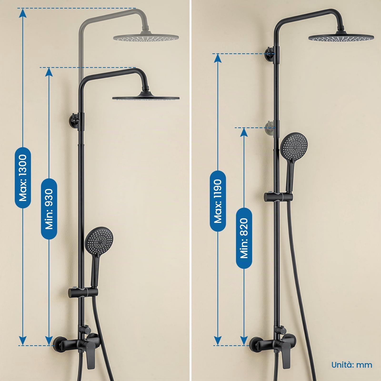 Auralum Colonna Doccia con Miscelatore, Saliscendi Doccia con Soffione Altezza Regolabile, Asta Doccia Acciaio Inox, Miscelatore Doccia Esternoe, Nera