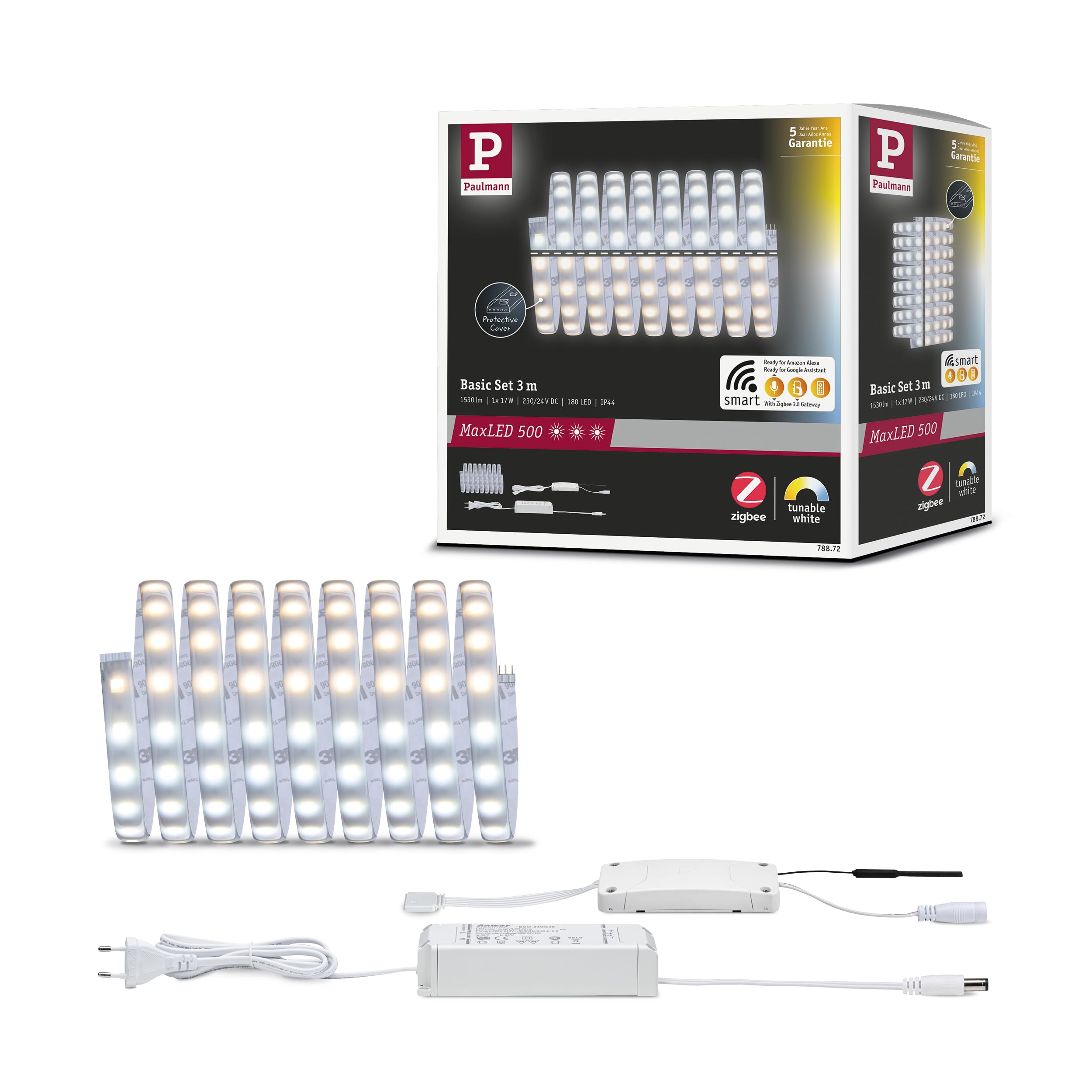 Paulmann 78872 Strip LED MaxLED 500 set básico SmartHomeZigbee TunableWhite 3m IP44 17W 230/24V 1530lm plateado, tira luz LED, resistente salpicaduras