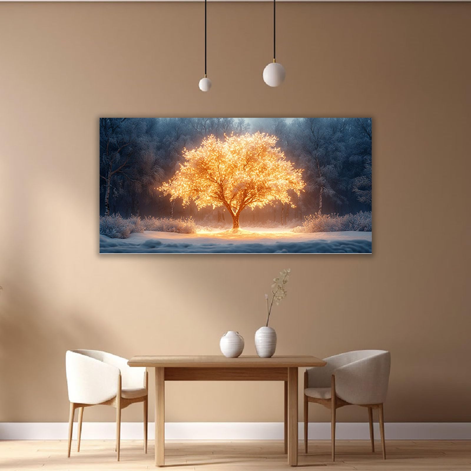 TERUEA Cuadros Decoracion Salon yoga femenino Lienzos decorativos Patrón: Árbol Iluminado Oro y Azul, Bosque Nevado​ Moderno Dormitorio Cocina Cuadros Pared Imágenes （Blanco​-50x100cm1 Sin marco