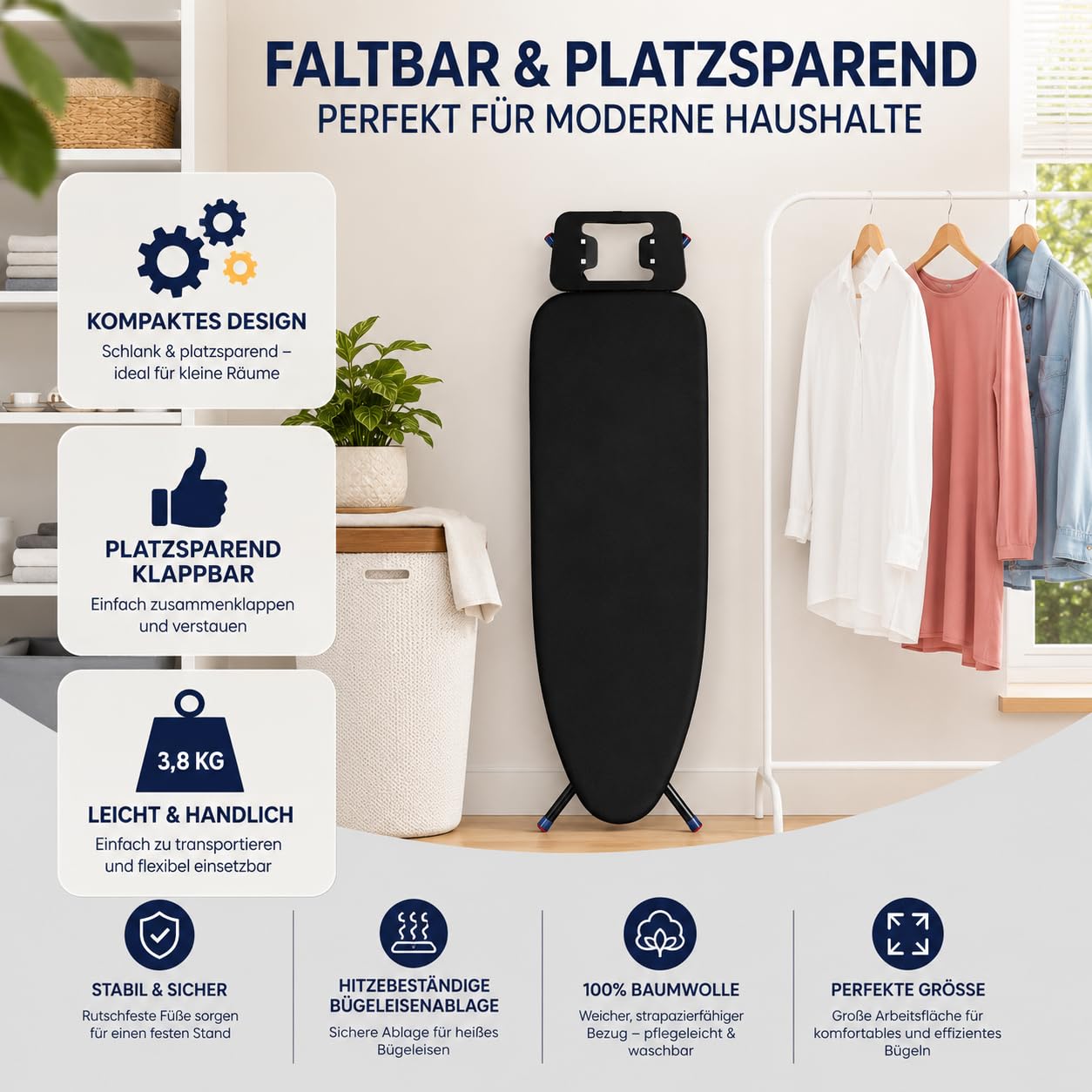 STAHLMANN® Bügelbrett schwarz [110 x 30 cm] – höhenverstellbarer Bügeltisch [platzsparend klappbar] – Bügelbrett mit Bügeleisenablage – Ironing Board
