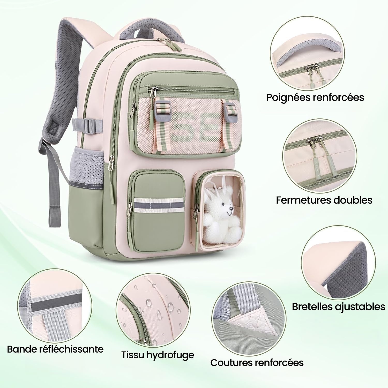 SUN EIGHT Sac à Dos Collège Fille Sac Scolaire Imperméable Léger Vert