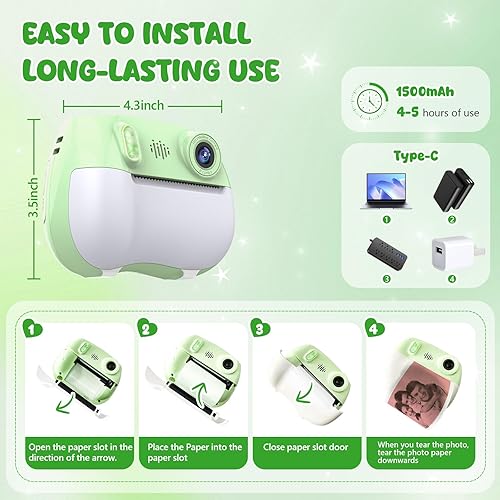 Miniatura 6 de Cámara para niños con impresión instantánea 1080P frontal y trasera dual selfie – Cámaras para niños pequeños con videojuegos digitales, 32 GB y