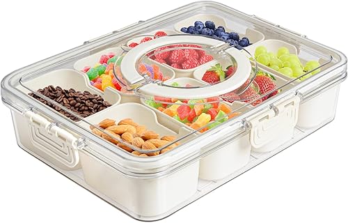 Eanpet Bandeja dividida para verduras con tapa y asa, bandeja de 8 compartimentos para servir con divisores, contenedores portátiles de viaje para