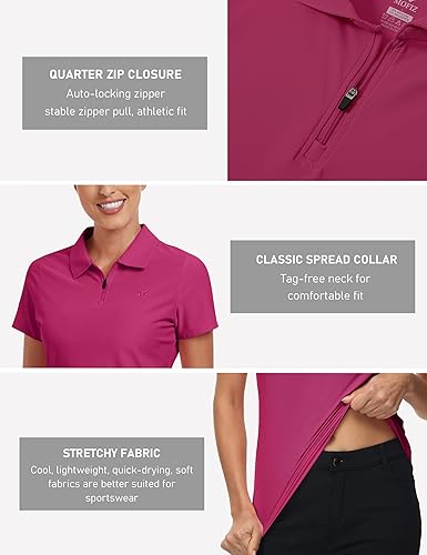 Miniatura 5 de MoFiz Polo de golf para mujer, manga corta, UPF 50+, cuello con cremallera de 14, camiseta deportiva ligera de secado rápido
