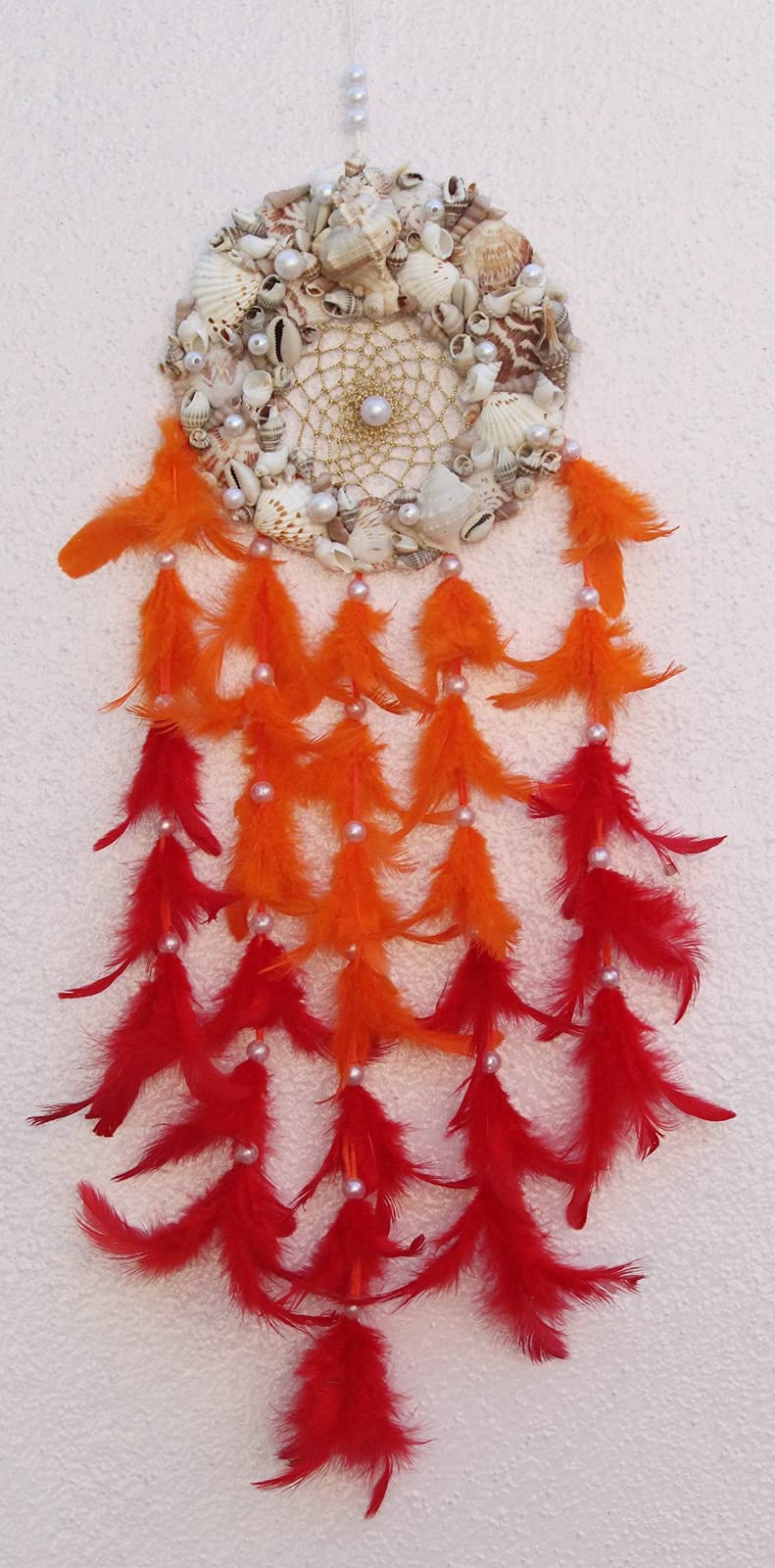 Yuvicreations, Round Shape, sea Shell Dream Catcher for Wall décor, Fine Quality Feathers. Natural Shells, Orange and Red