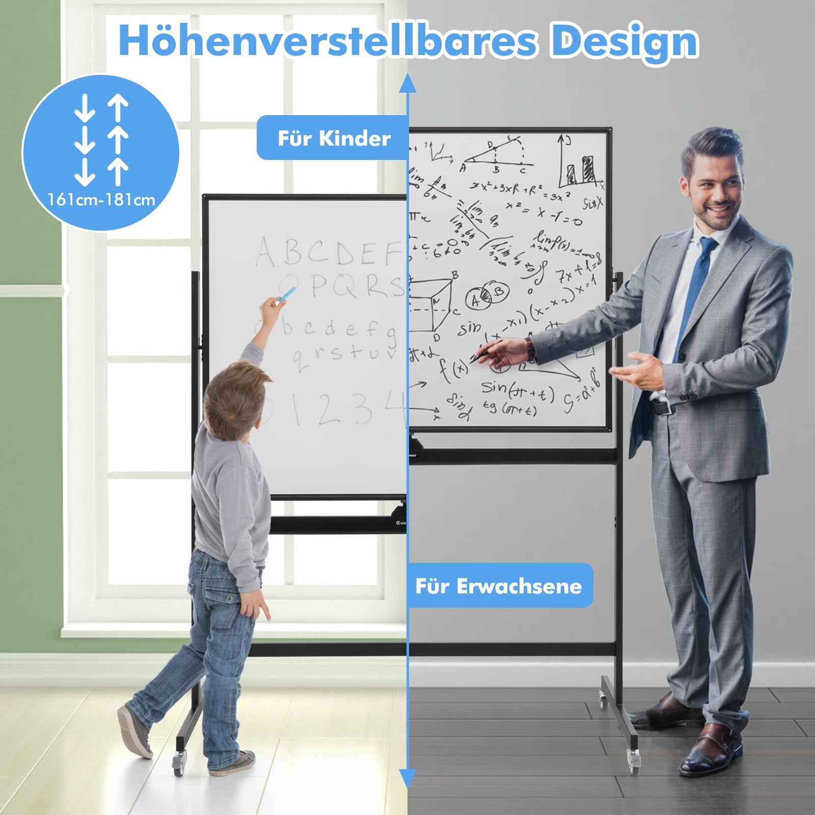 COSTWAY mobiles Whiteboard mit Ständer, 90 x 120 cm, Doppelseitige Magnettafel Höheverstellbar & 360° drehbar, magnetische Weißtafel mit Rollen, Whiteboard Abwischbar Beschreibar inkl. Zubehör